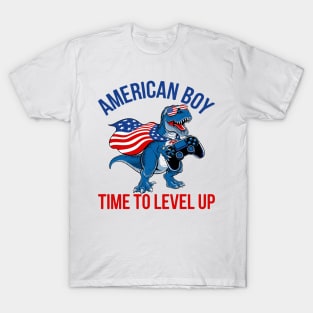 Gamer Dino American Boy Level Up T-Shirt
